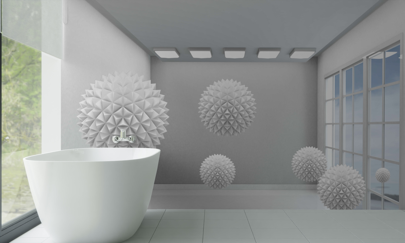 Papier peint boules blanches pointues dans une pièce lumineuse