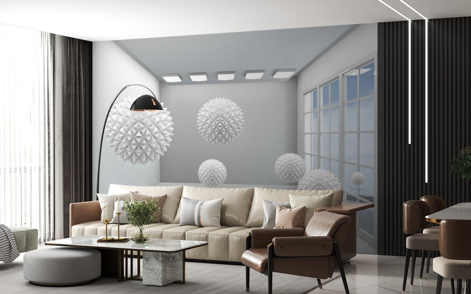 Papier peint boules blanches pointues dans une pièce lumineuse