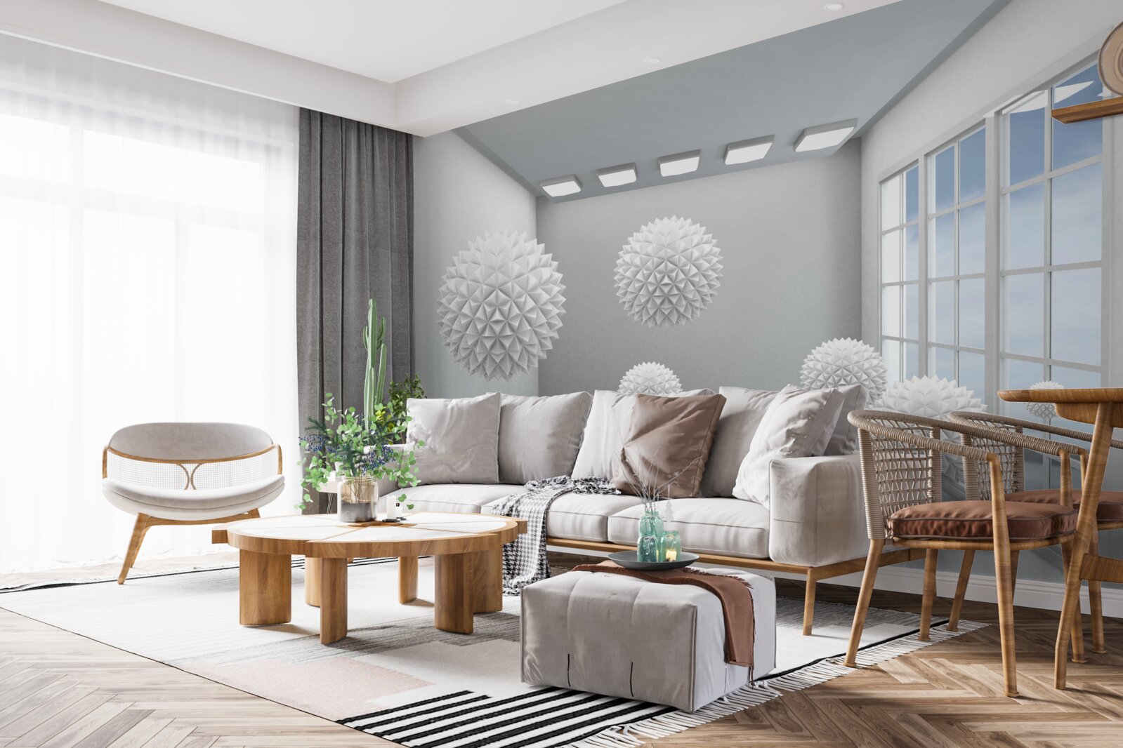 Papier peint boules blanches pointues dans une pièce lumineuse