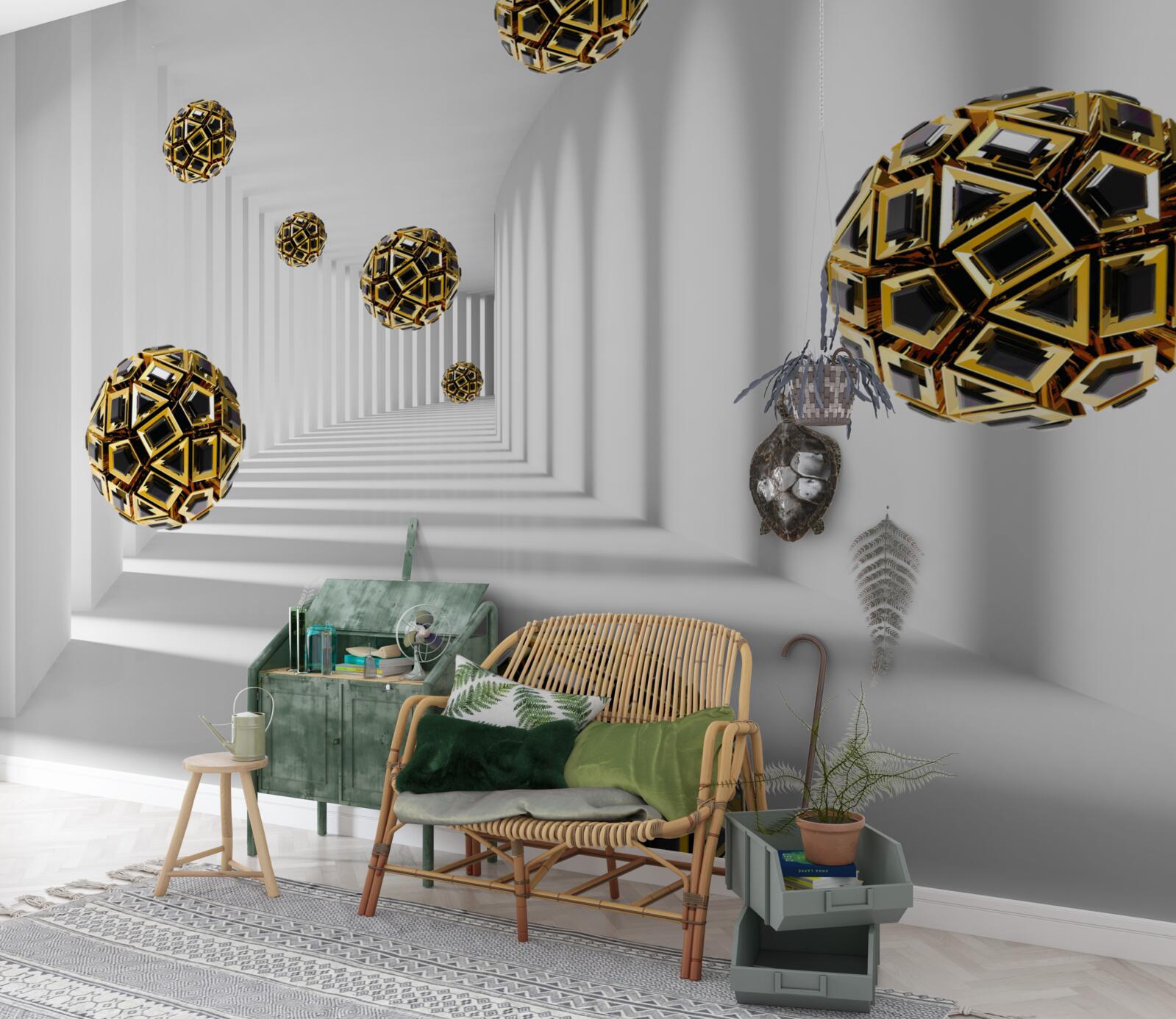 Papier peint des sphères noires et dorées qui s'élèvent doucement dans les airs