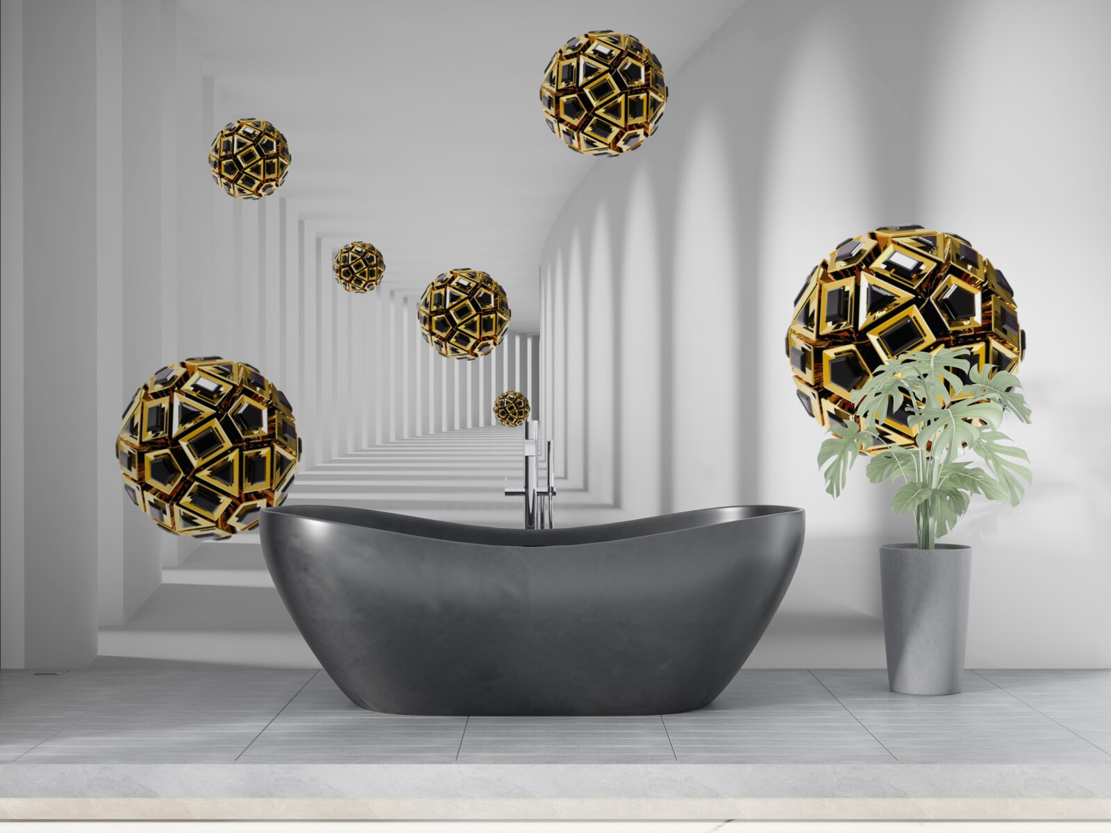 Papier peint des sphères noires et dorées qui s'élèvent doucement dans les airs