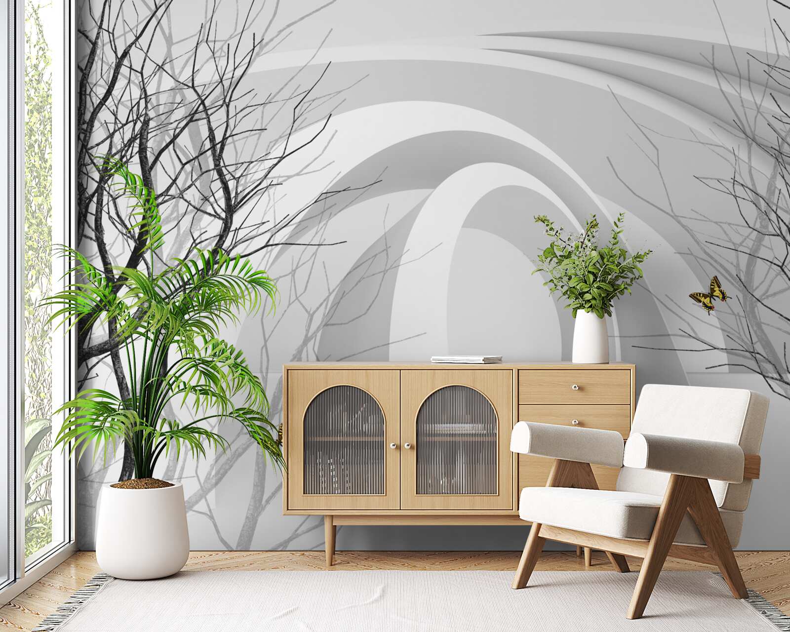 Papier peint arches futuristes et arbres apparents