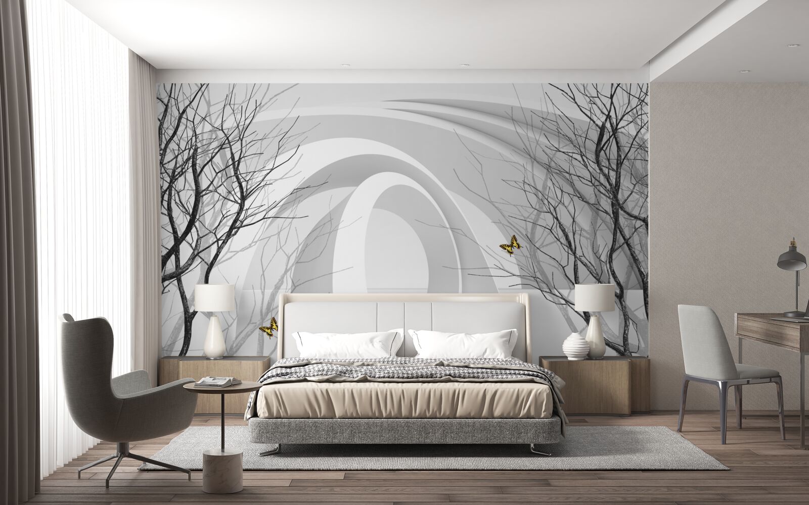 Papier peint arches futuristes et arbres apparents