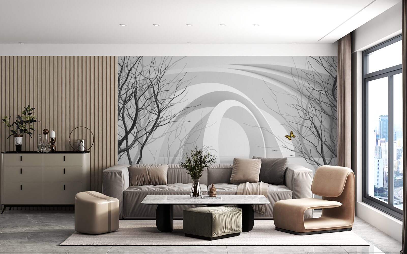 Papier peint arches futuristes et arbres apparents