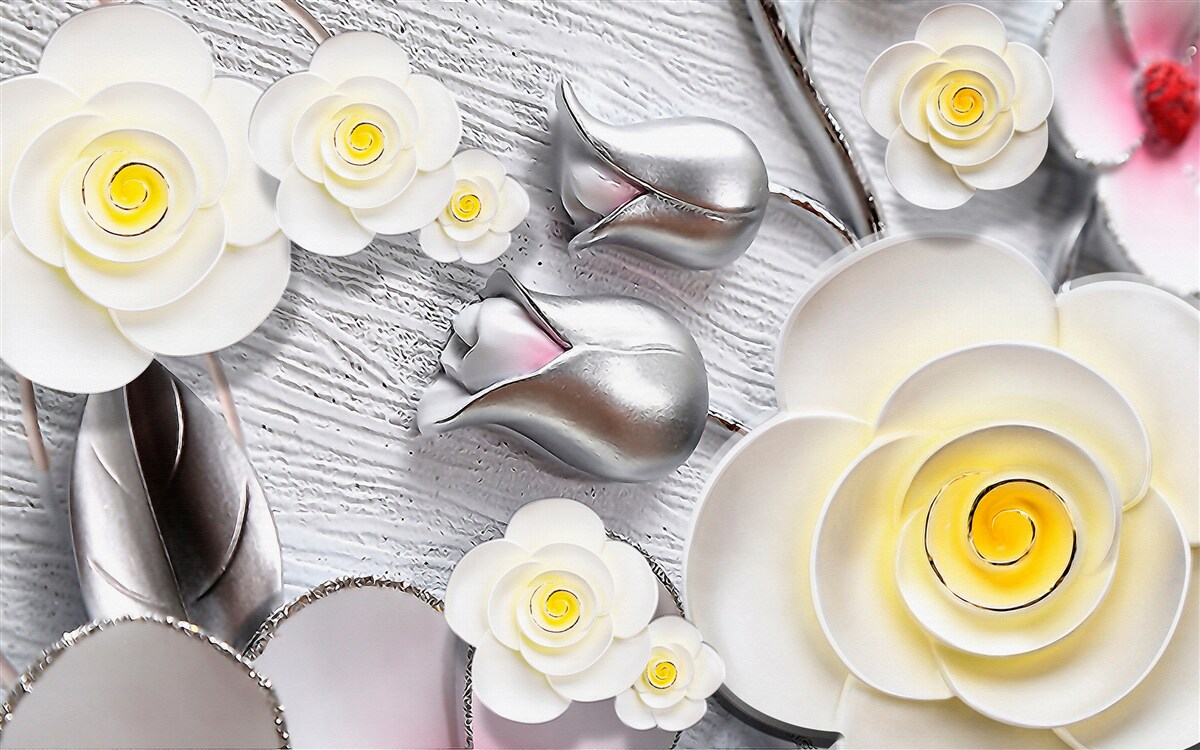 Papier peint fleurs en porcelaine blanche avec centre jaune