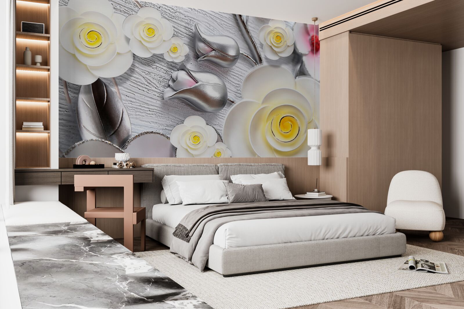 Papier peint fleurs en porcelaine blanche avec centre jaune