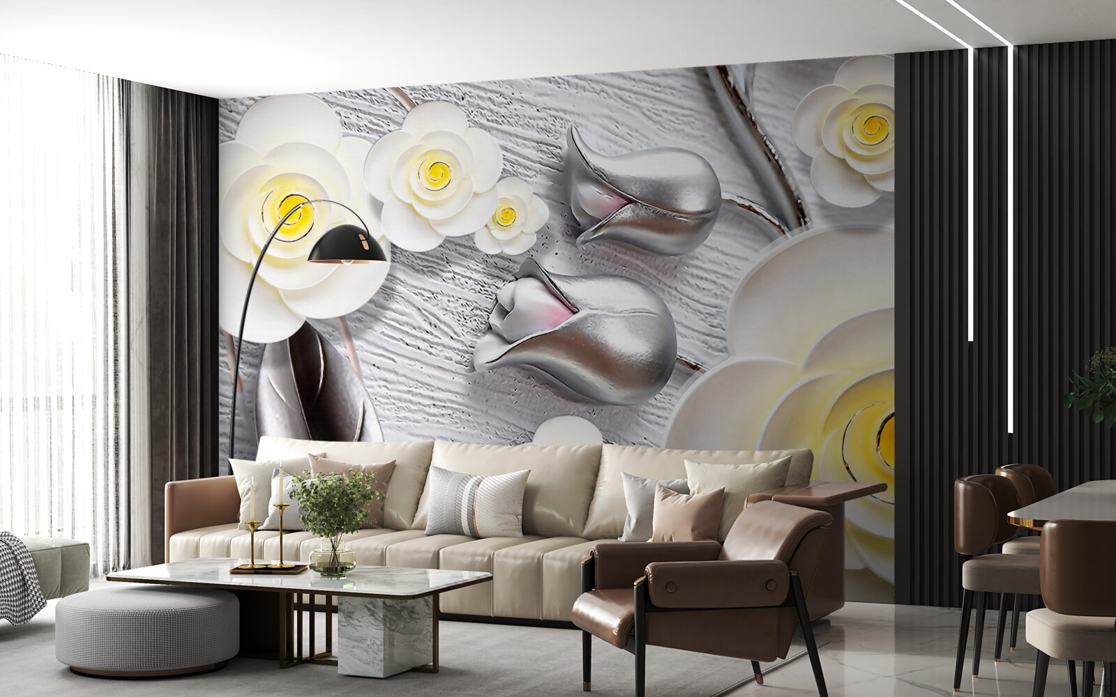 Papier peint fleurs en porcelaine blanche avec centre jaune