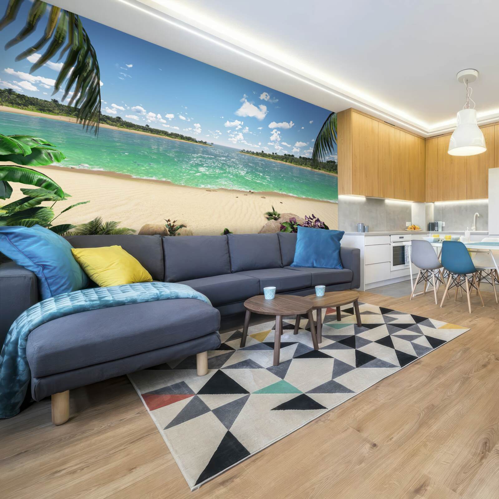 Papier peint plage de sable doré au large de la côte turquoise