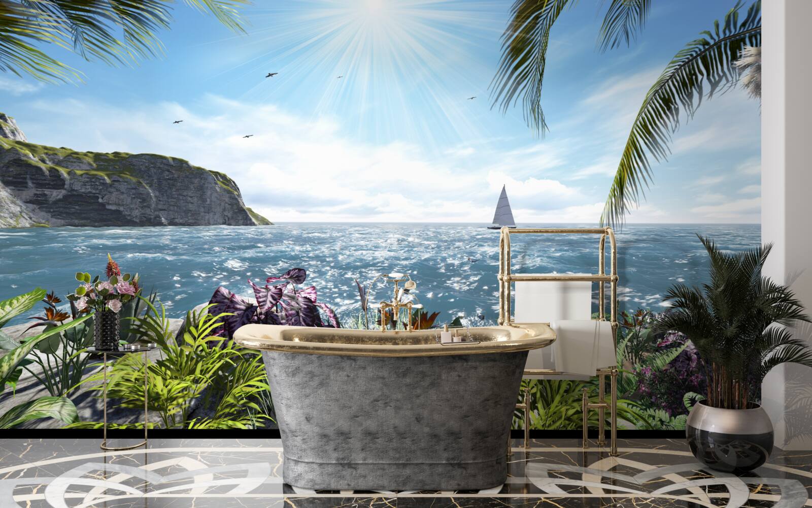 Papier peint des rayons lumineux illuminent la surface de la mer