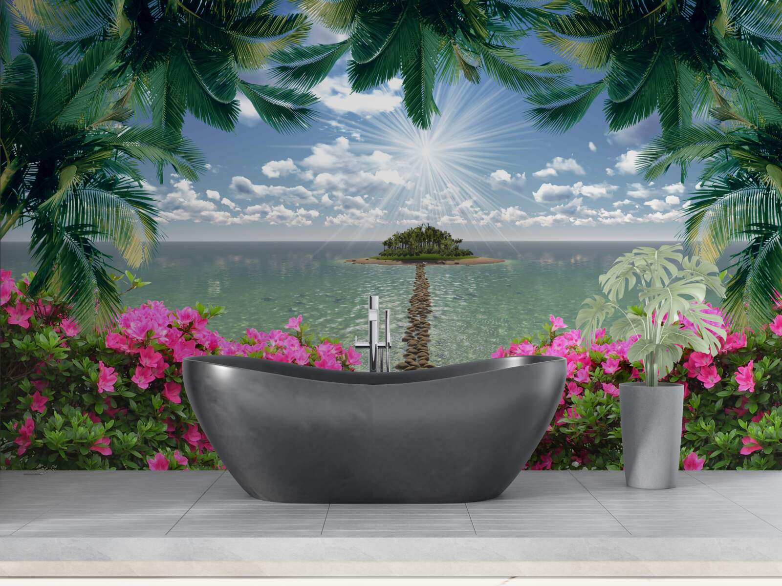 Papier peint chemin de pierre menant à une île dans l'océan