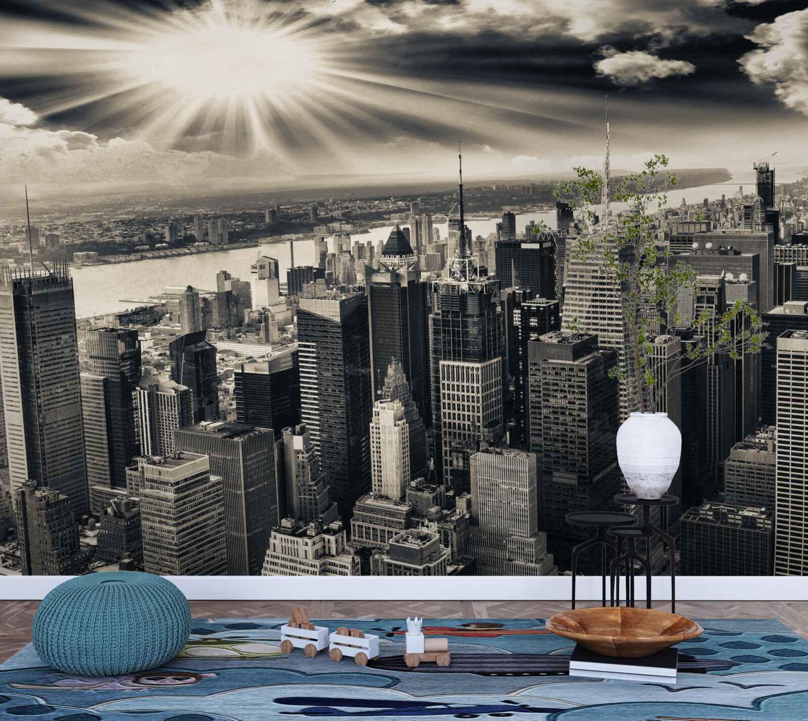 Papier peint Le soleil rayonnant remplit la métropole de tons sépia