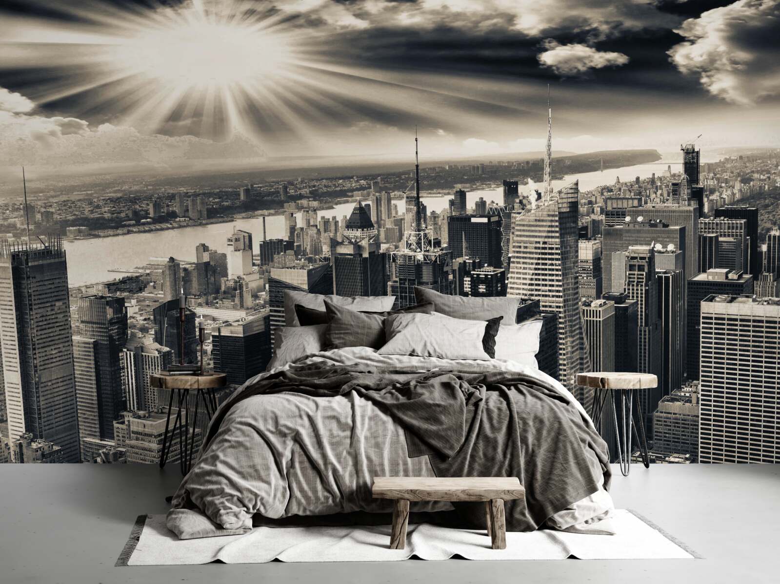 Papier peint Le soleil rayonnant remplit la métropole de tons sépia