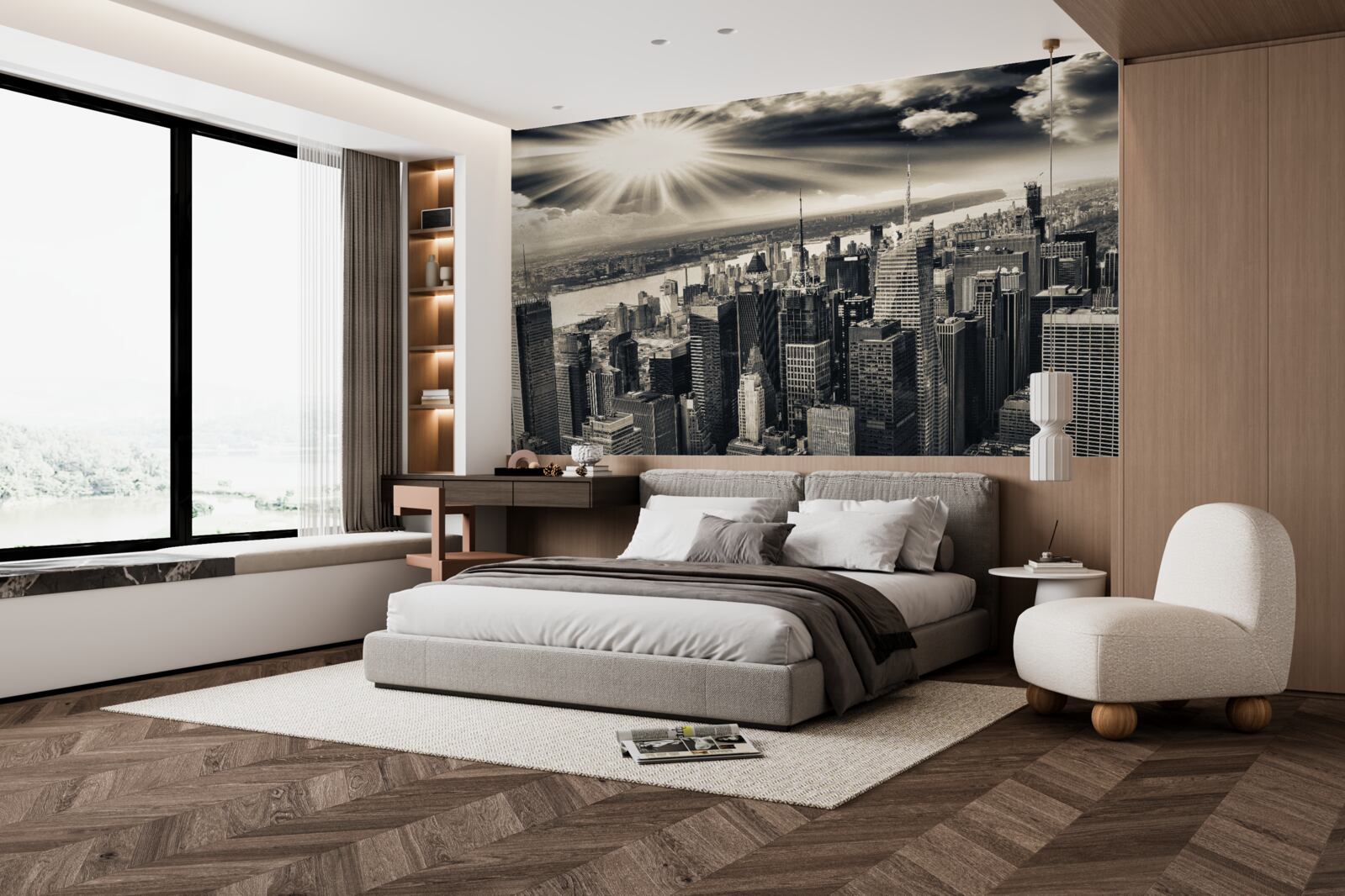 Papier peint Le soleil rayonnant remplit la métropole de tons sépia