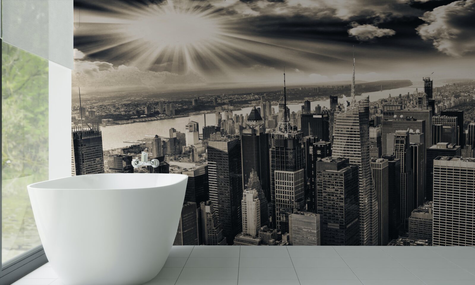 Papier peint Le soleil rayonnant remplit la métropole de tons sépia