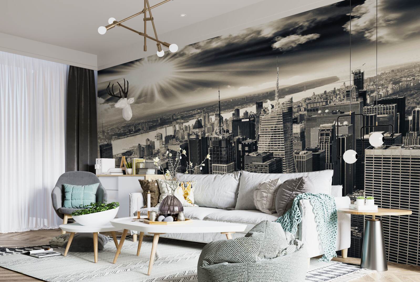 Papier peint Le soleil rayonnant remplit la métropole de tons sépia