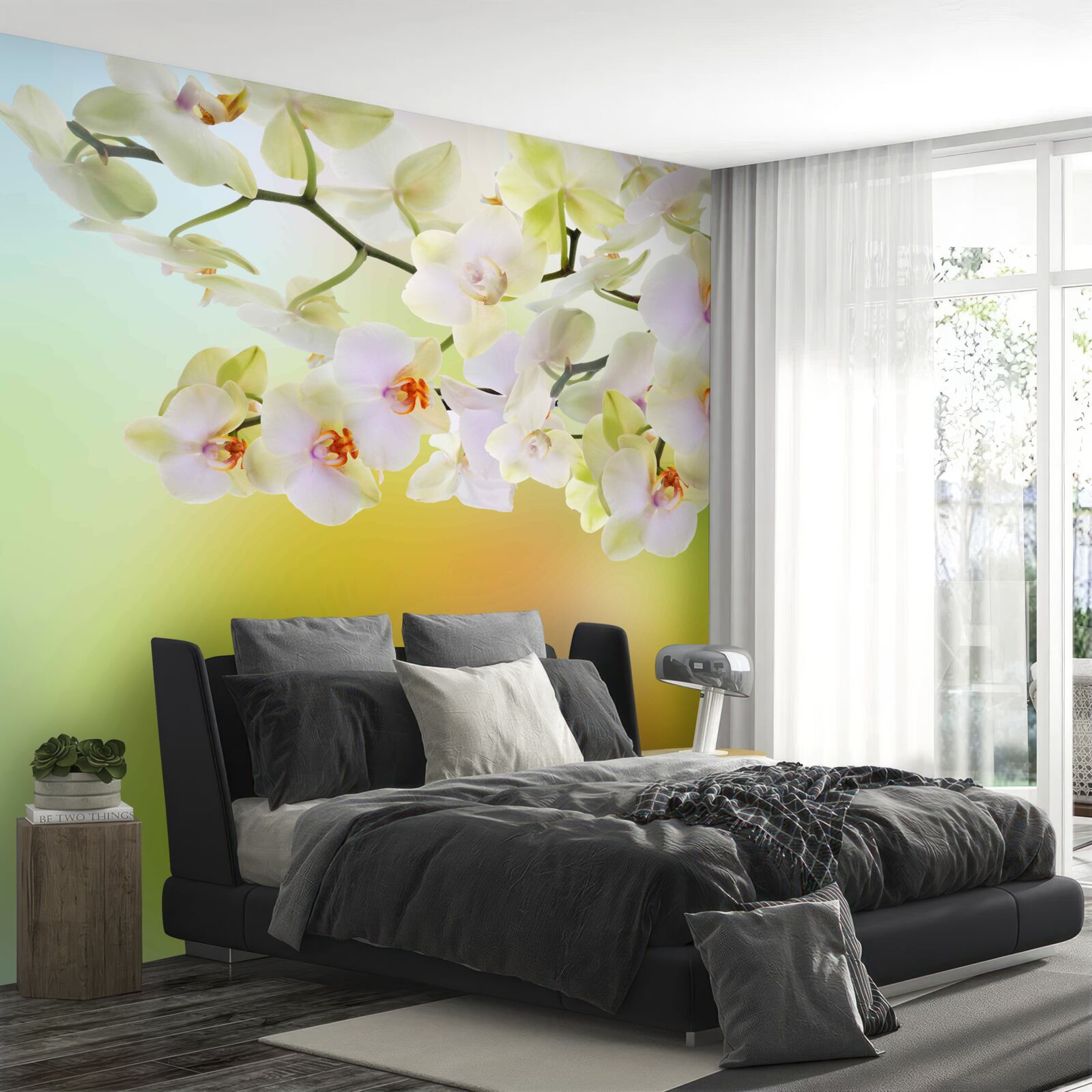 Papier peint des bourgeons blancs comme neige et des orchidées fleurissent sur les branches