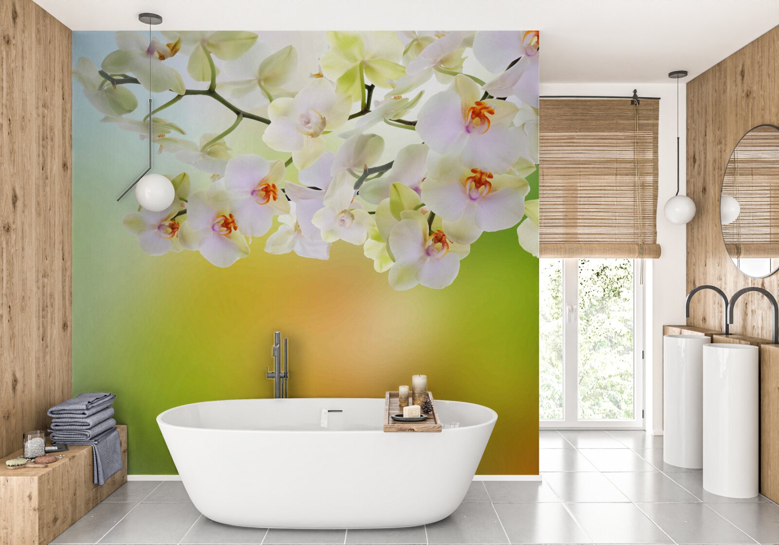 Papier peint des bourgeons blancs comme neige et des orchidées fleurissent sur les branches