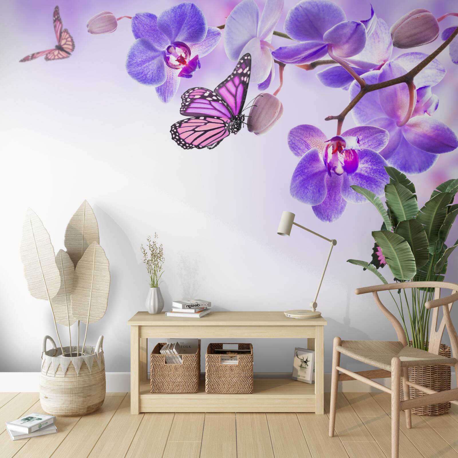 Papier peint des papillons survolent des orchidées aux pétales bleu-violet