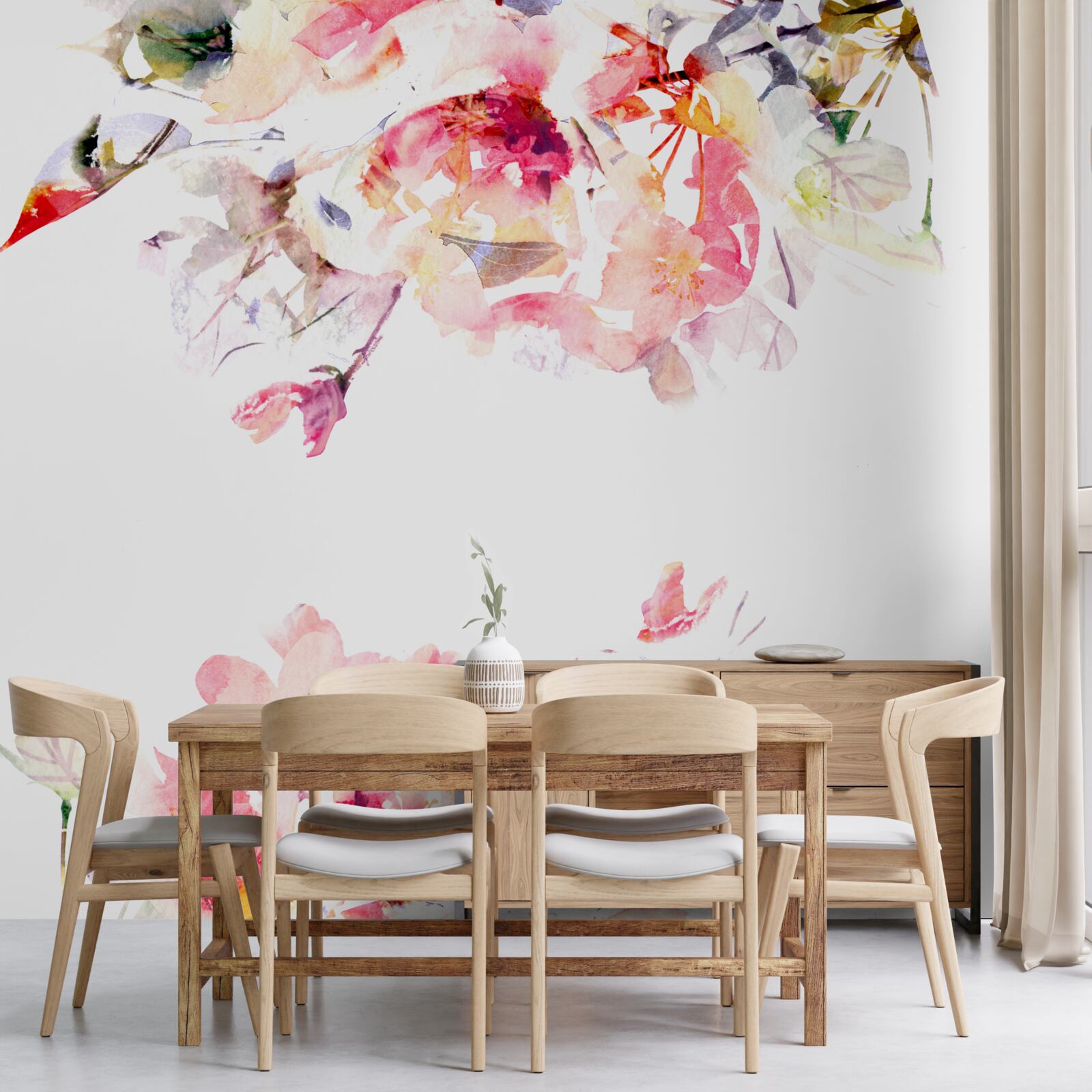 Papier peint aquarelle représentant des papillons et des fleurs blanches