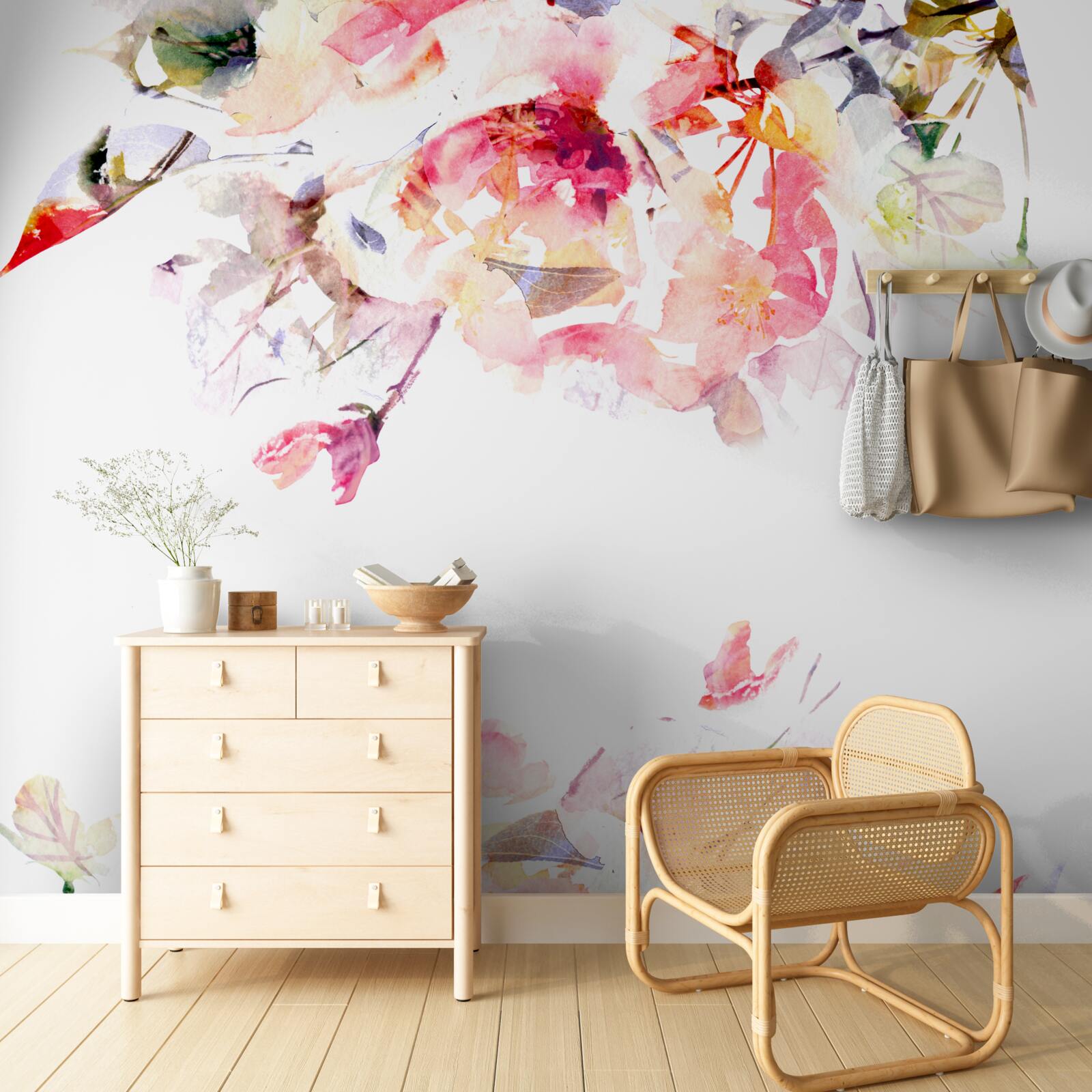 Papier peint aquarelle représentant des papillons et des fleurs blanches