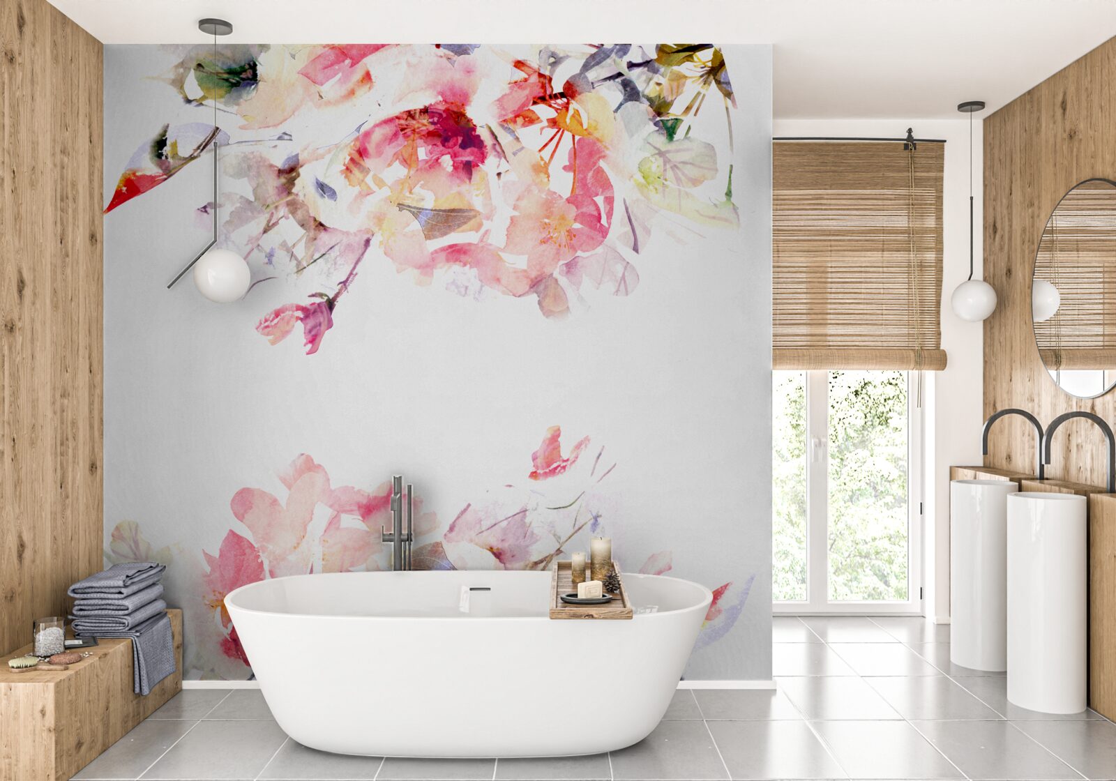 Papier peint aquarelle représentant des papillons et des fleurs blanches