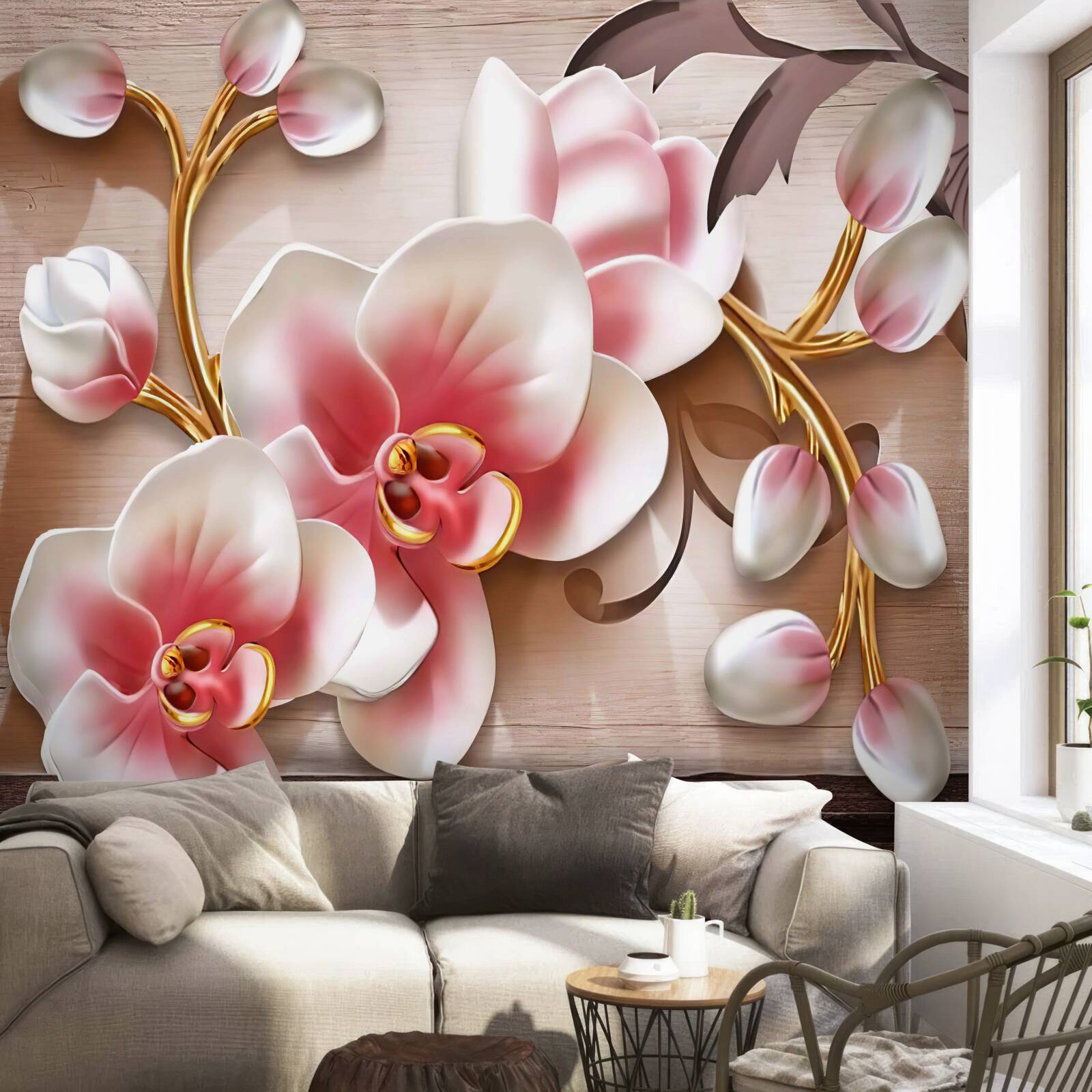 Papier peint fleurs roses délicates avec de gracieuses branches dorées