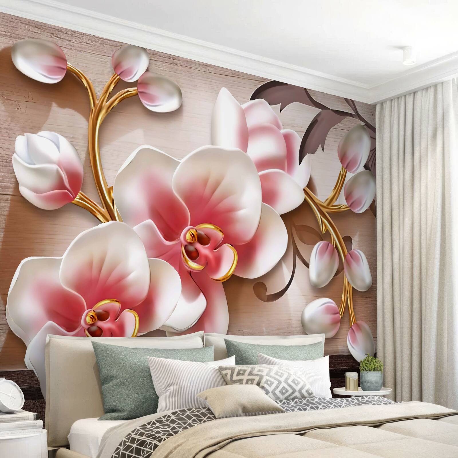 Papier peint fleurs roses délicates avec de gracieuses branches dorées