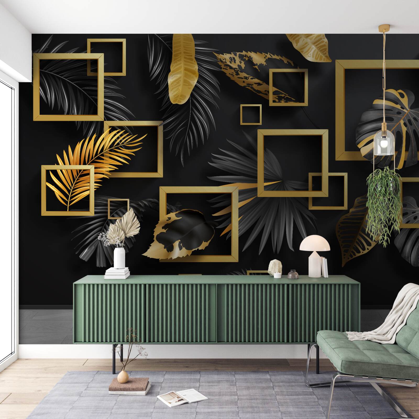 Papier peint mur noir avec cadres dorés