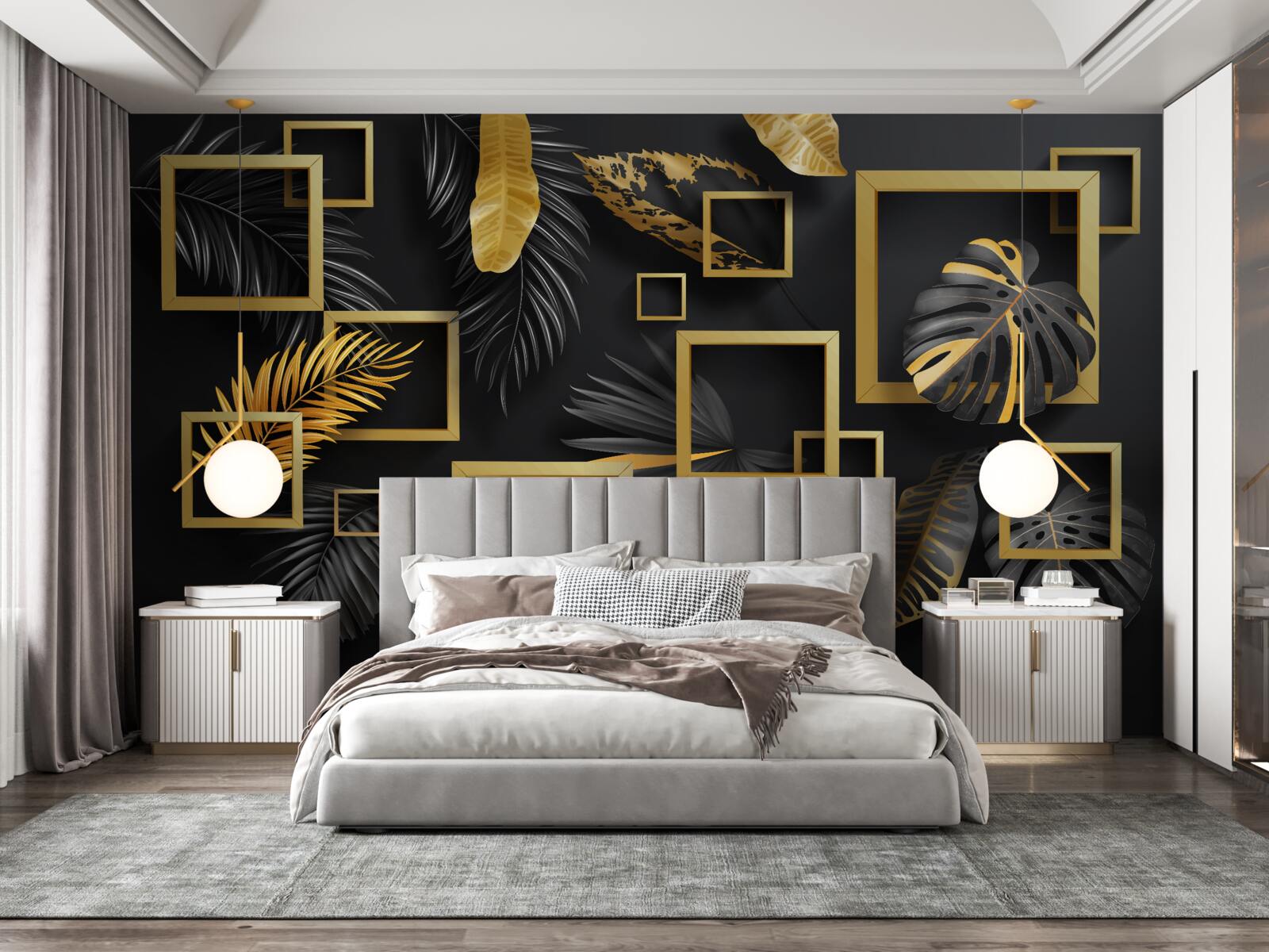 Papier peint mur noir avec cadres dorés