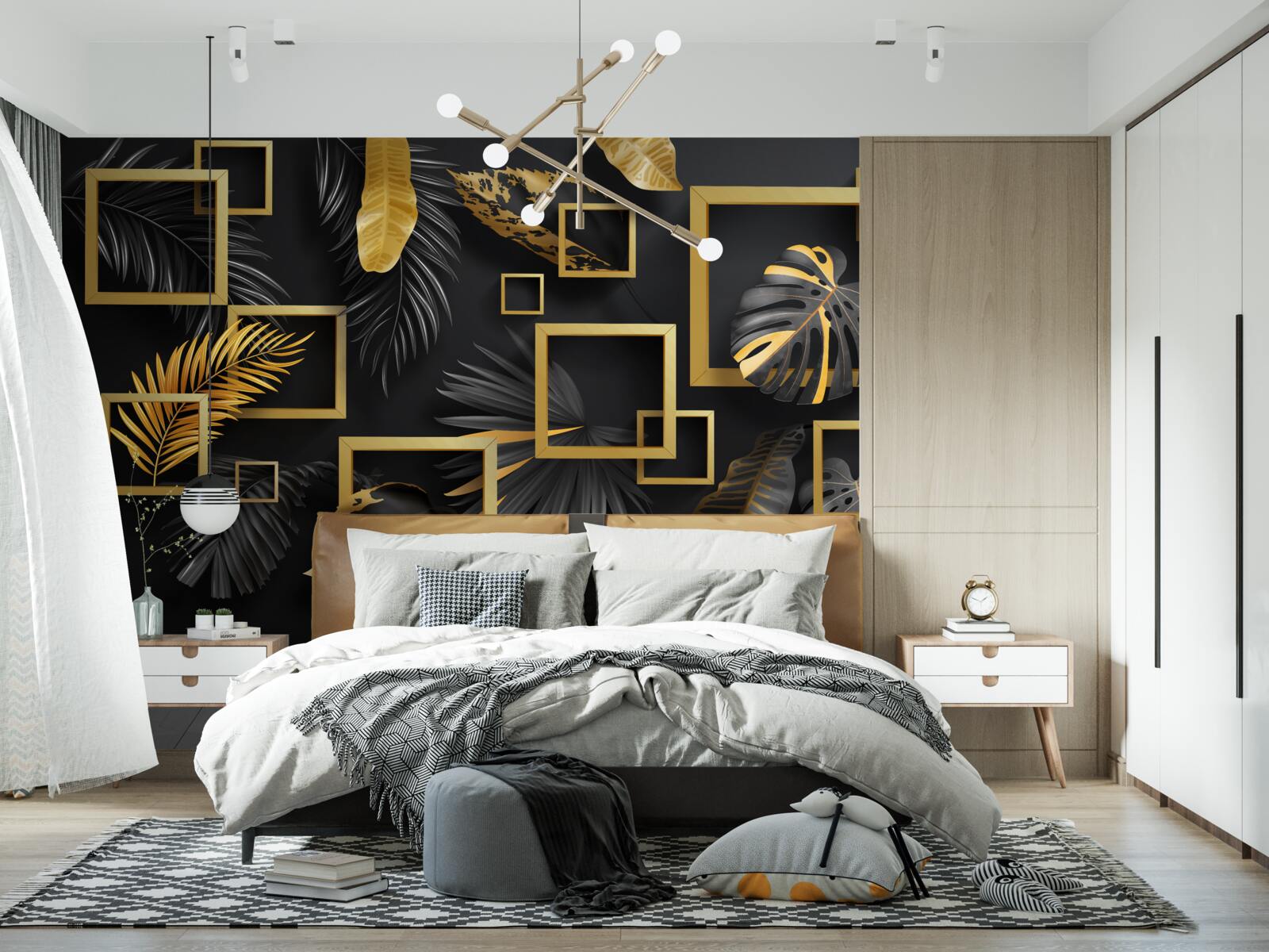 Papier peint mur noir avec cadres dorés