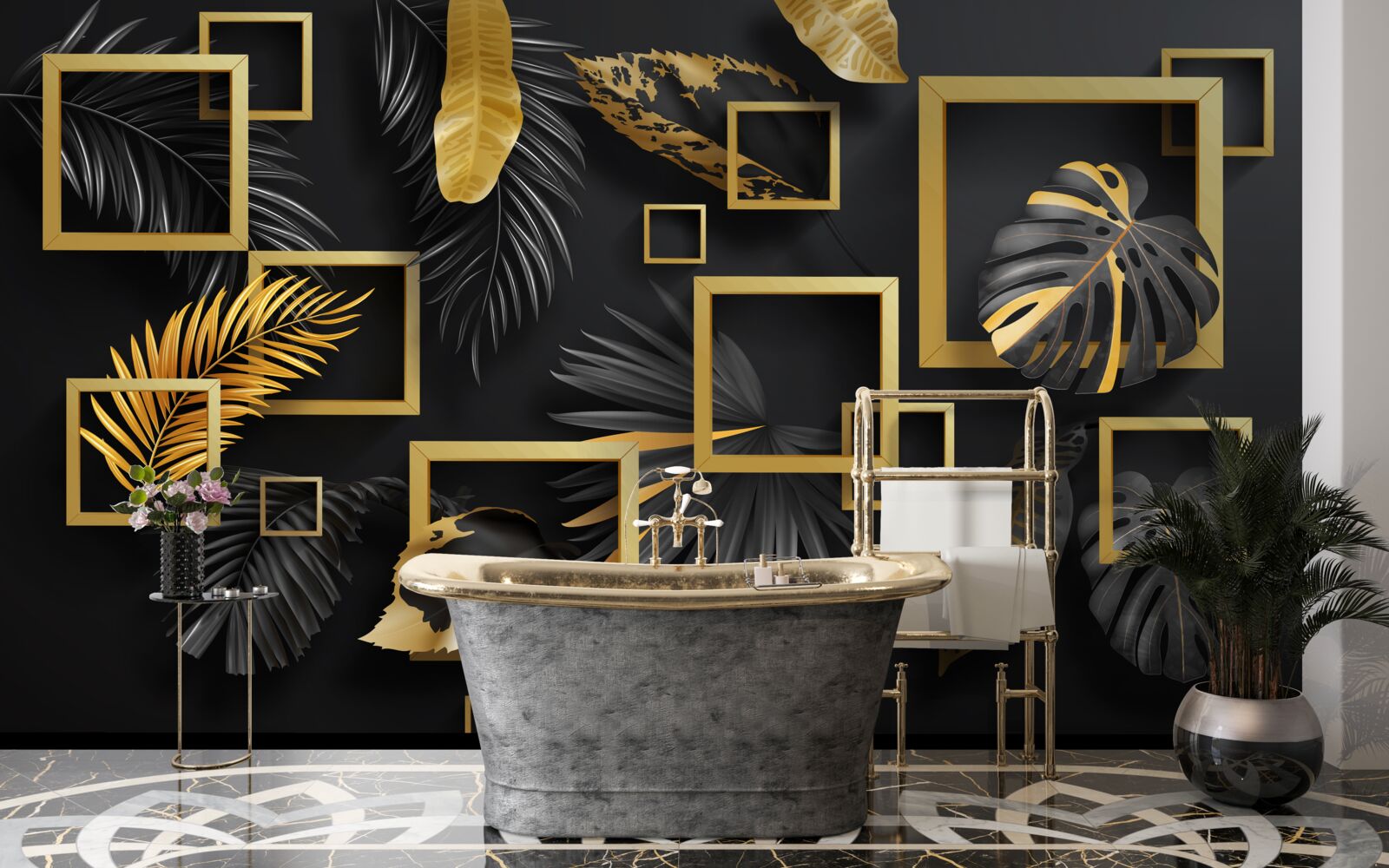 Papier peint mur noir avec cadres dorés