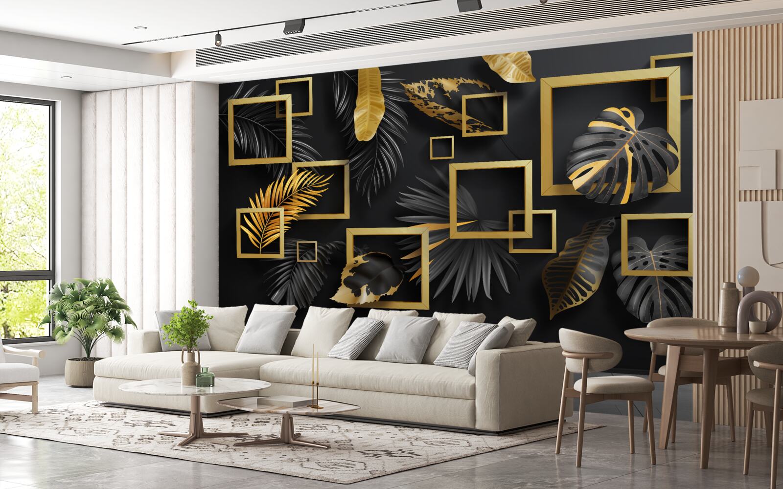Papier peint mur noir avec cadres dorés