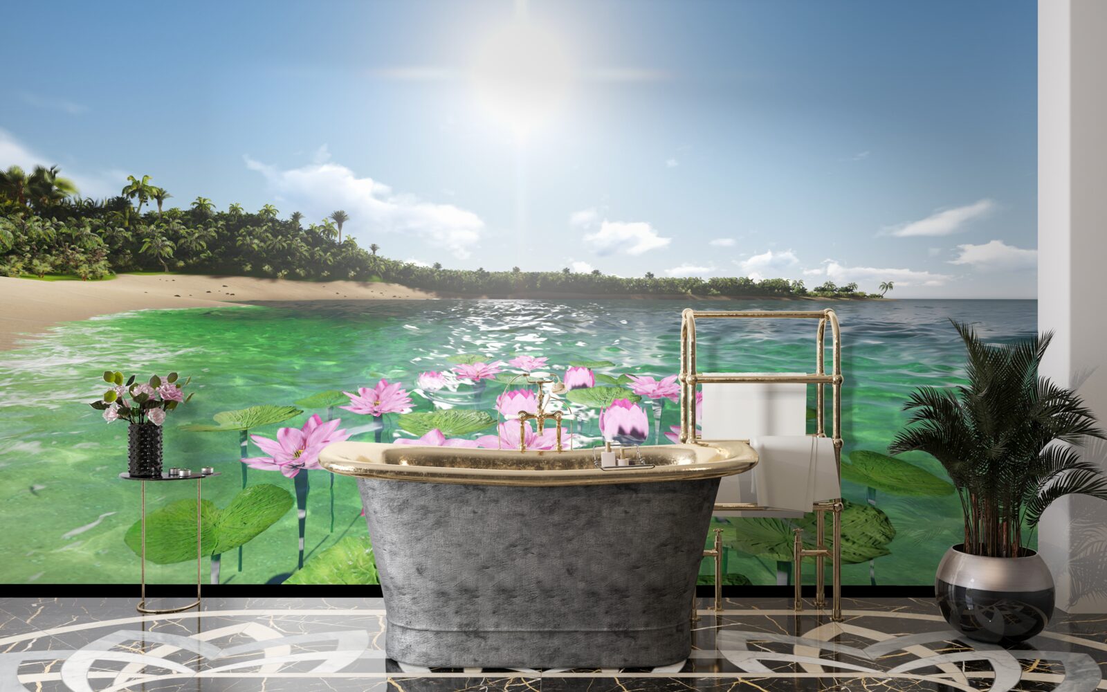 Papier peint lotus roses à la surface de l'eau