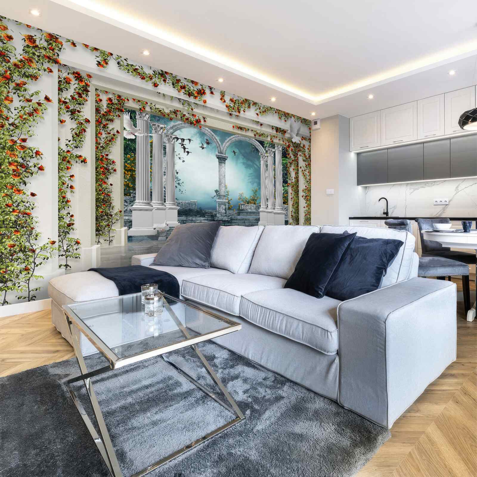 Papier peint colonnes blanches décorées de fleurs