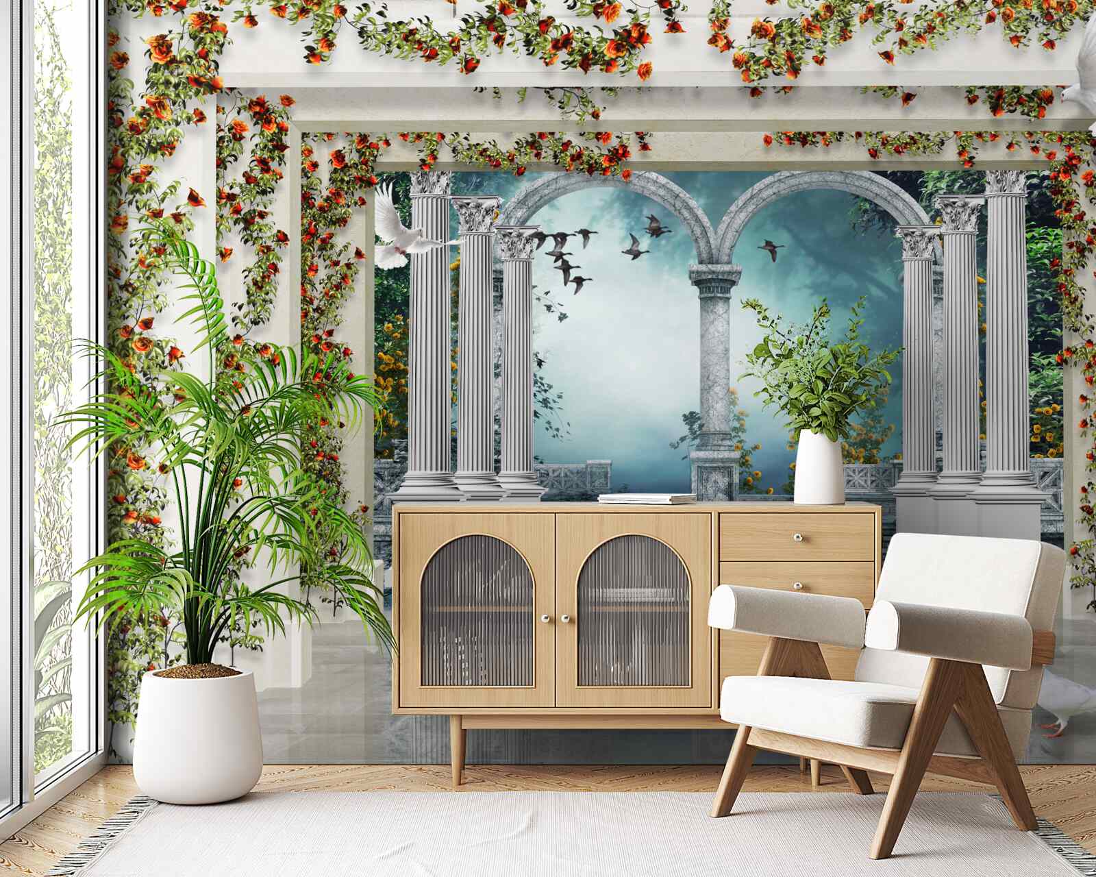 Papier peint colonnes blanches décorées de fleurs