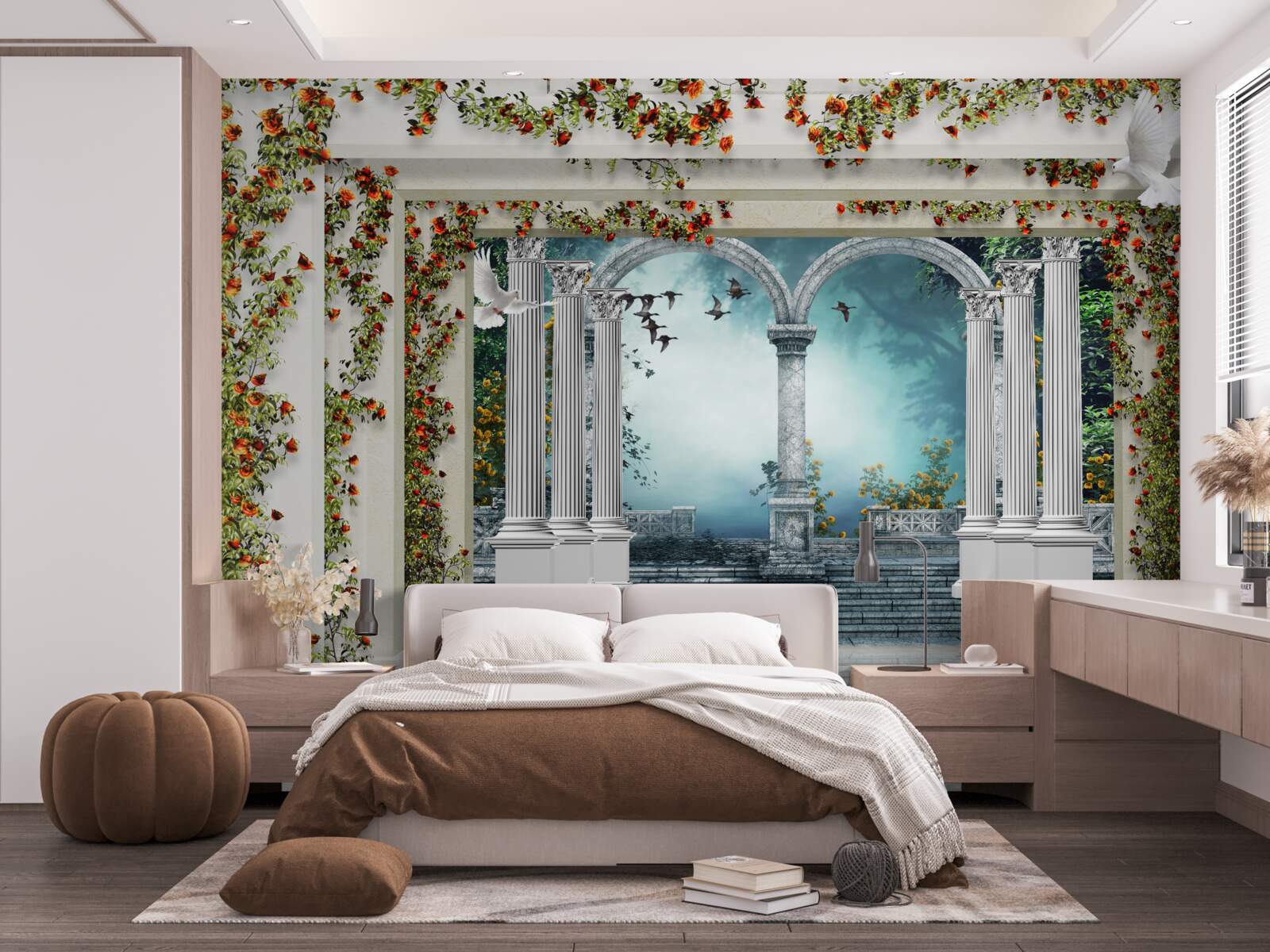 Papier peint colonnes blanches décorées de fleurs