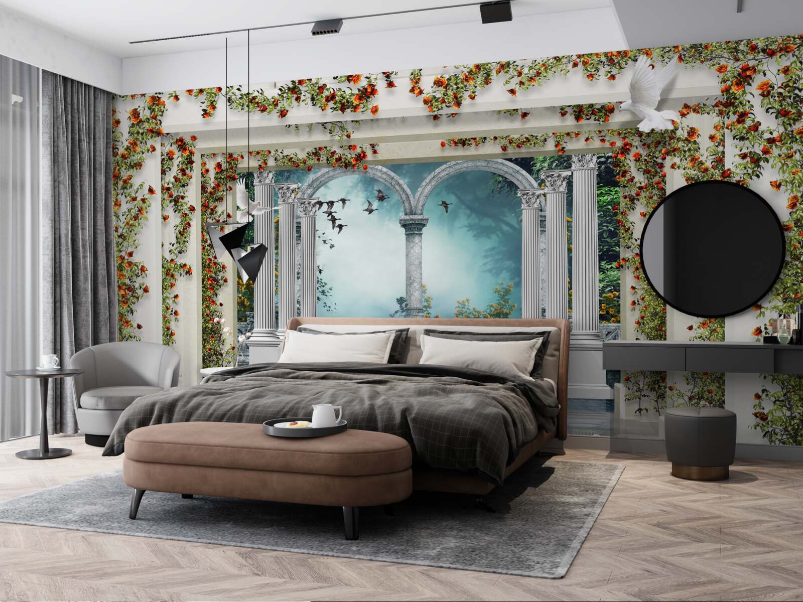 Papier peint colonnes blanches décorées de fleurs