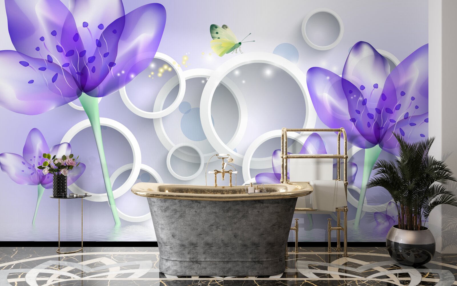 Papier peint des fleurs violettes fantastiques et des cercles blancs comme neige