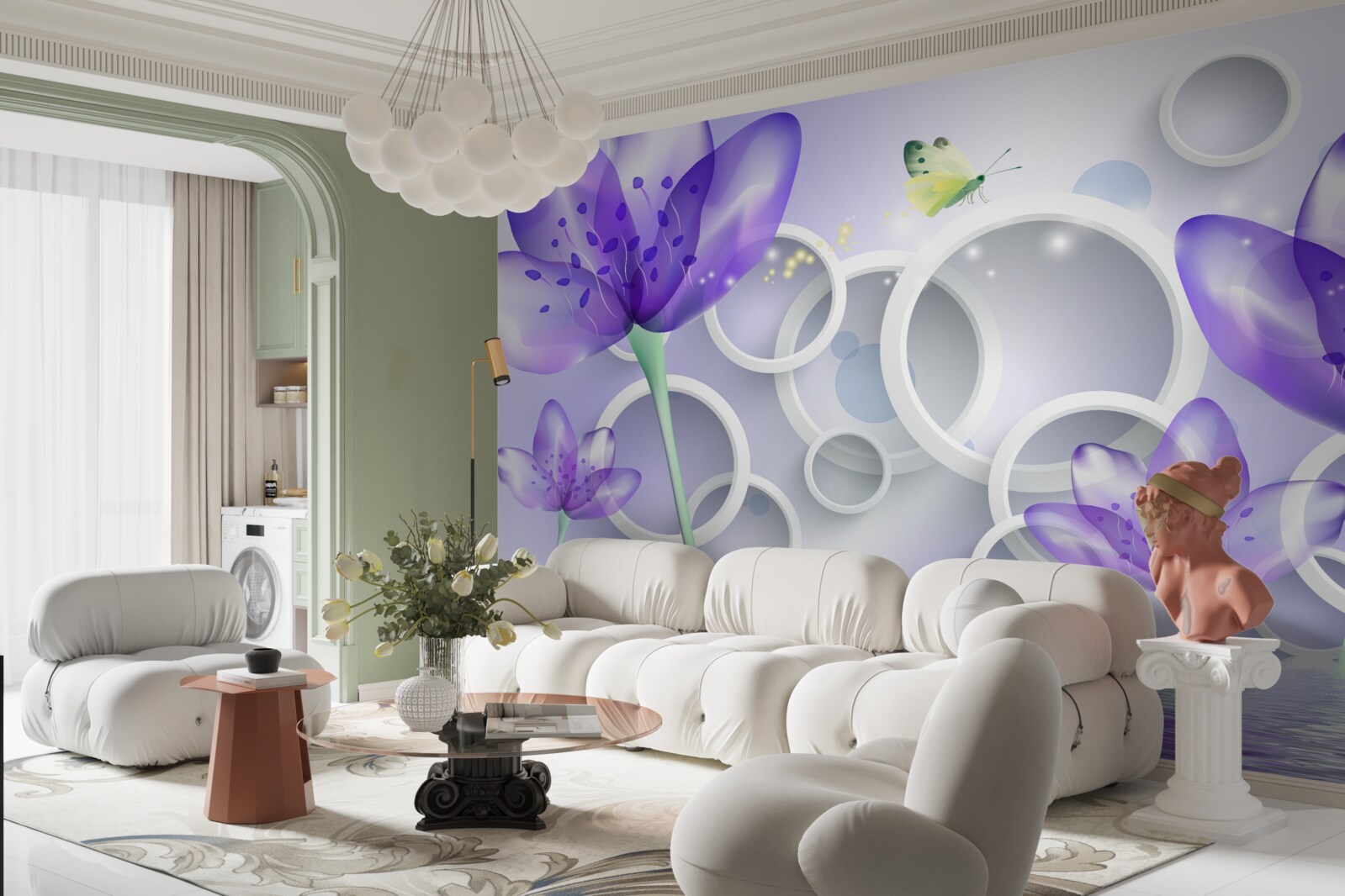 Papier peint des fleurs violettes fantastiques et des cercles blancs comme neige