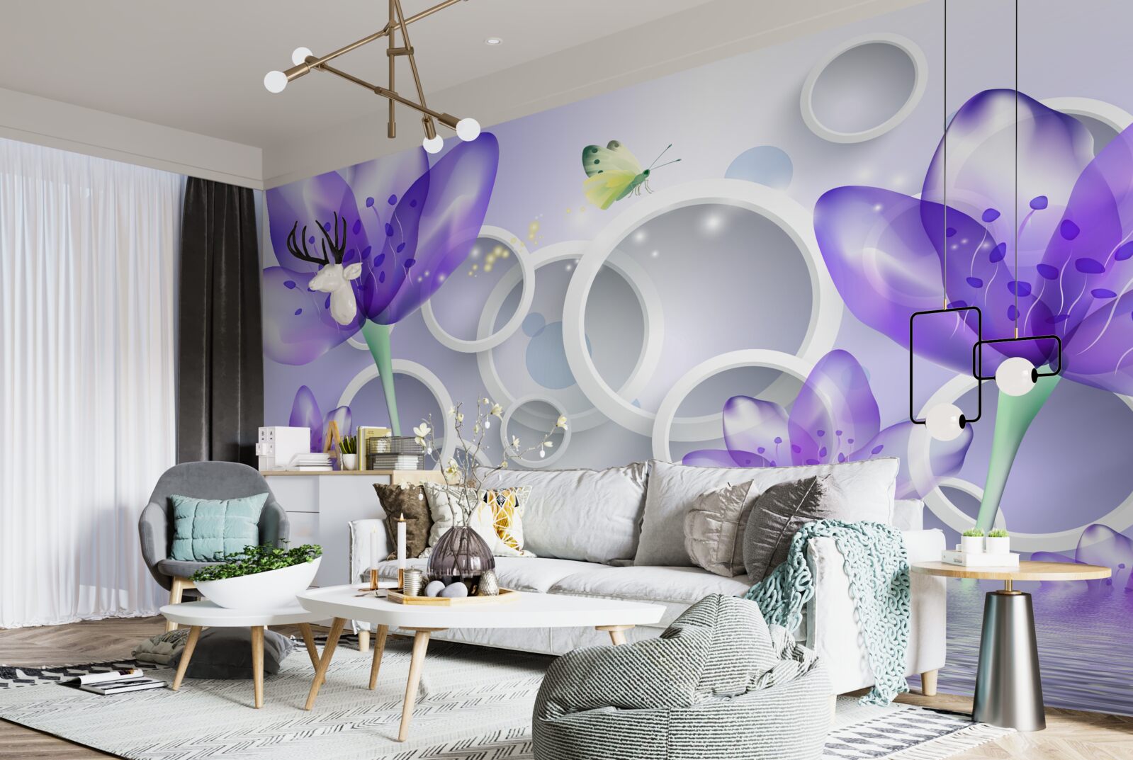 Papier peint des fleurs violettes fantastiques et des cercles blancs comme neige