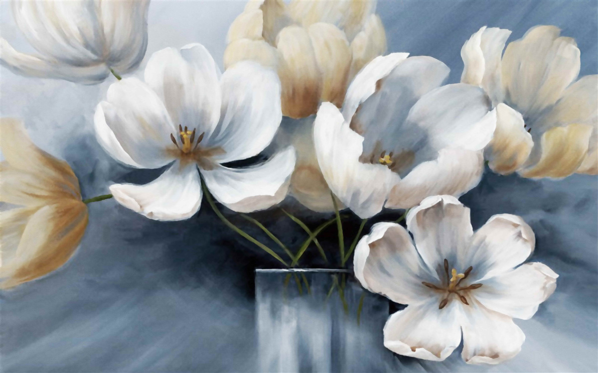 Papier peint peinture avec de grandes fleurs lumineuses