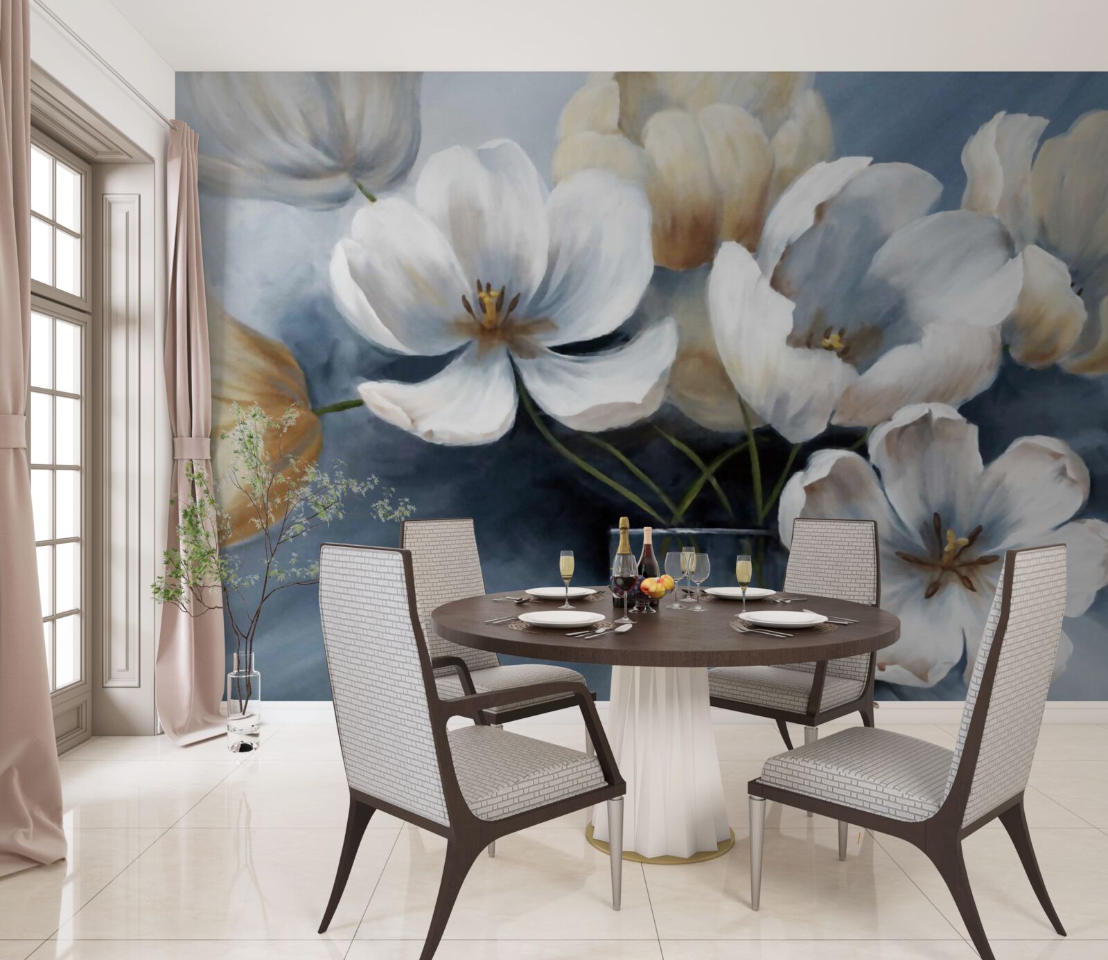 Papier peint peinture avec de grandes fleurs lumineuses