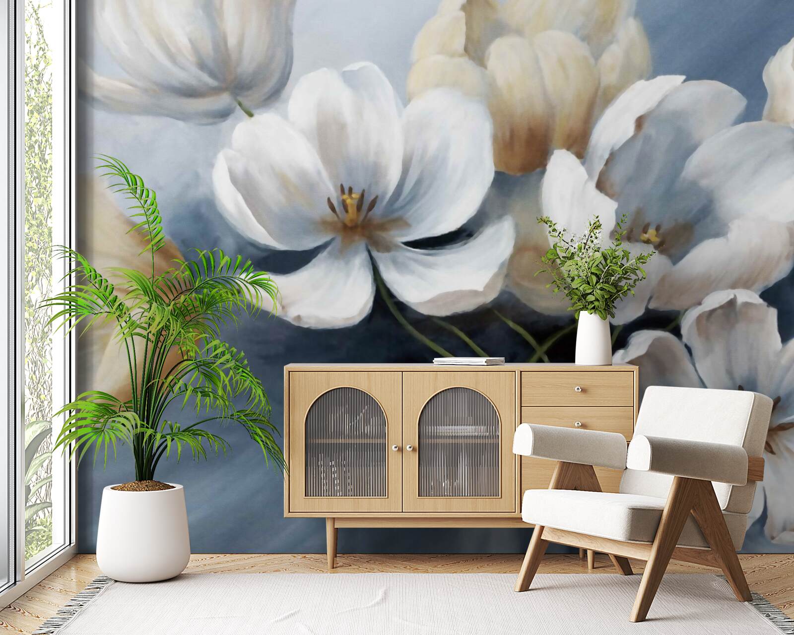 Papier peint peinture avec de grandes fleurs lumineuses