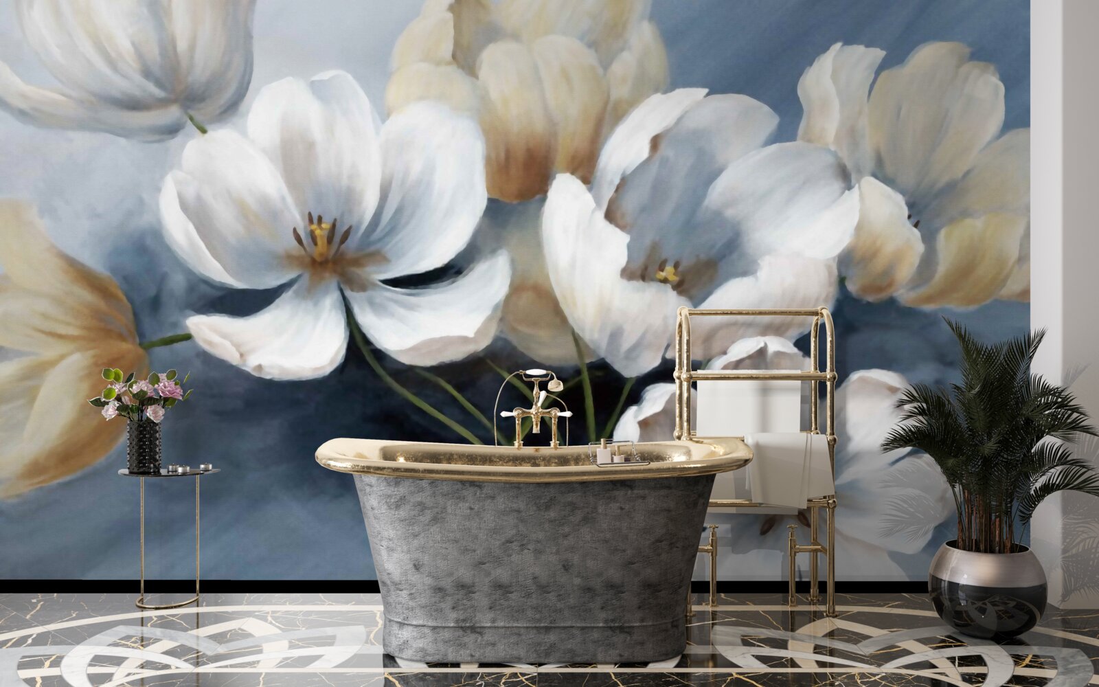 Papier peint peinture avec de grandes fleurs lumineuses