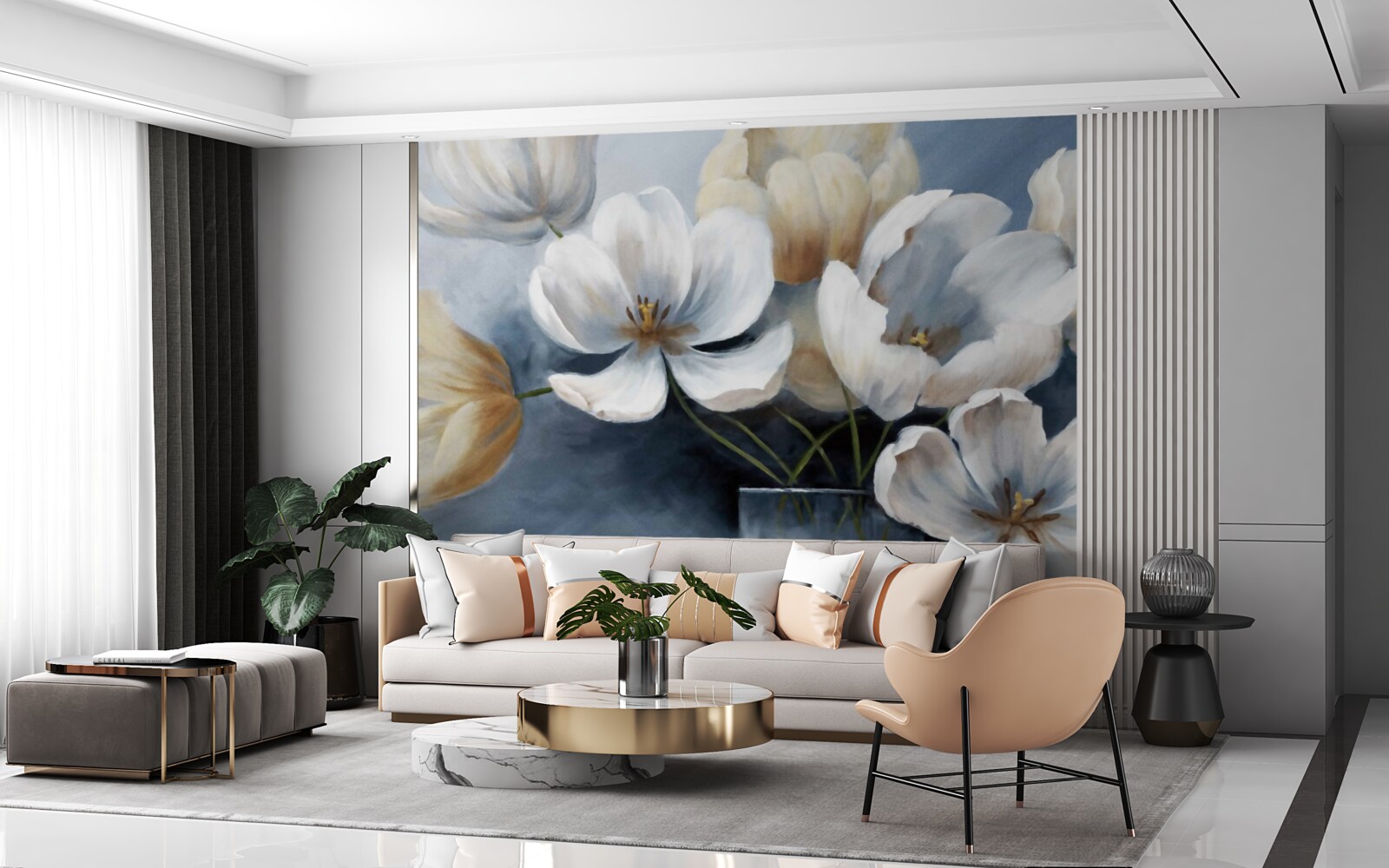 Papier peint peinture avec de grandes fleurs lumineuses