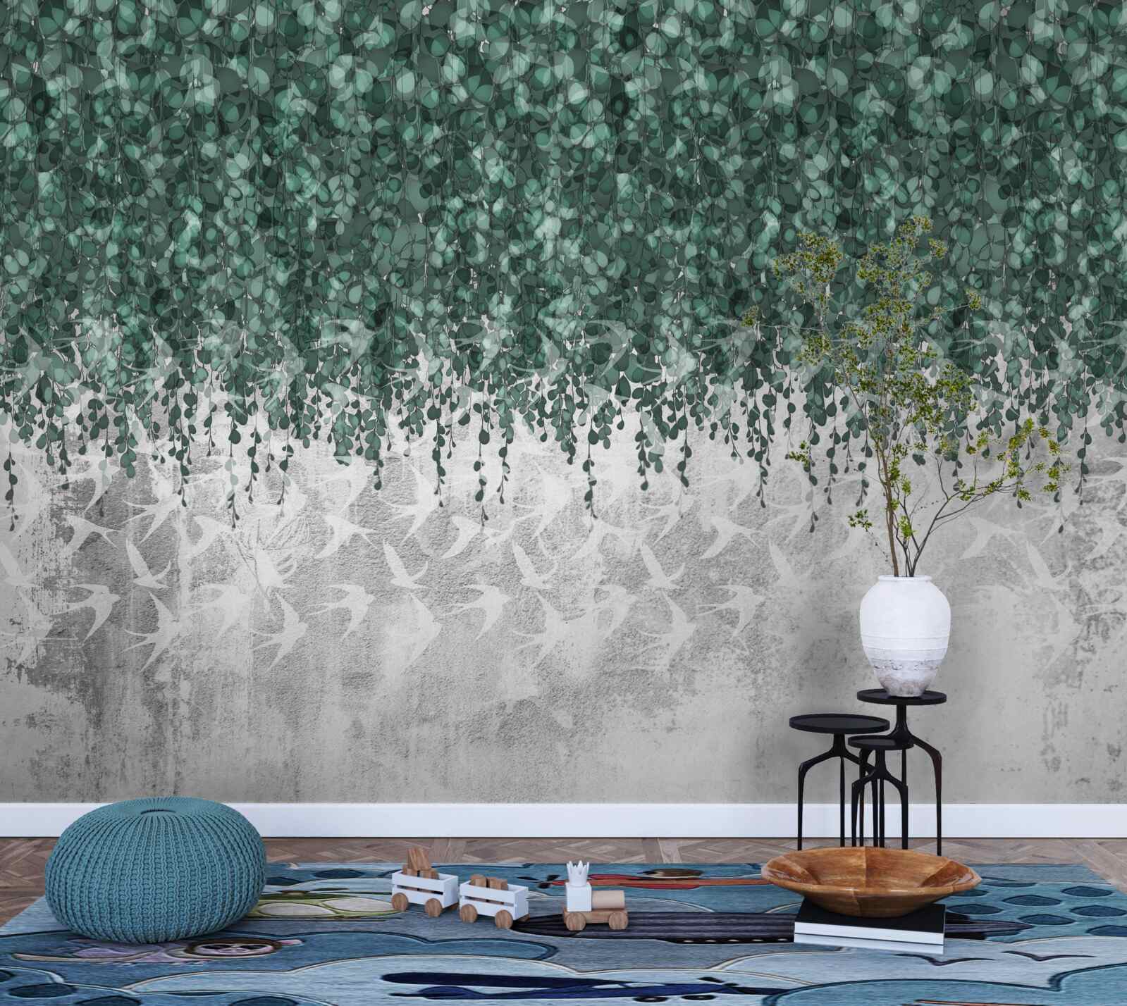 Papier peint branches abondantes, vertes et retombantes