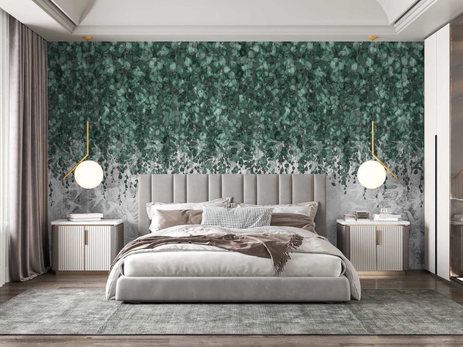 Papier peint branches abondantes, vertes et retombantes