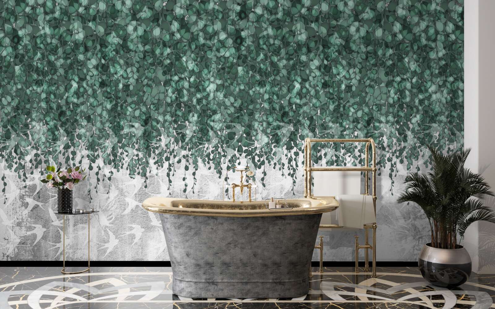 Papier peint branches abondantes, vertes et retombantes