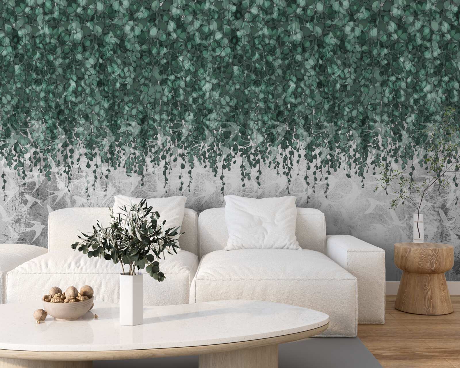 Papier peint branches abondantes, vertes et retombantes