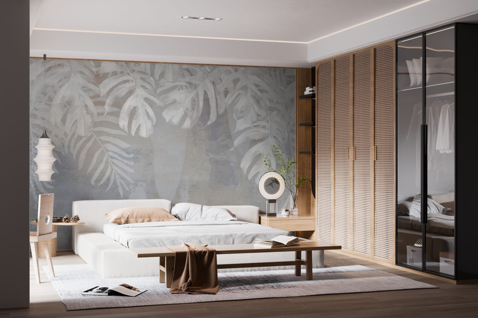 Papier peint feuilles de palmier blanc